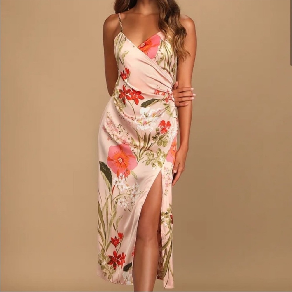 Lulus Remarkable Entrance Pink Floral Print Satin Midi Dress